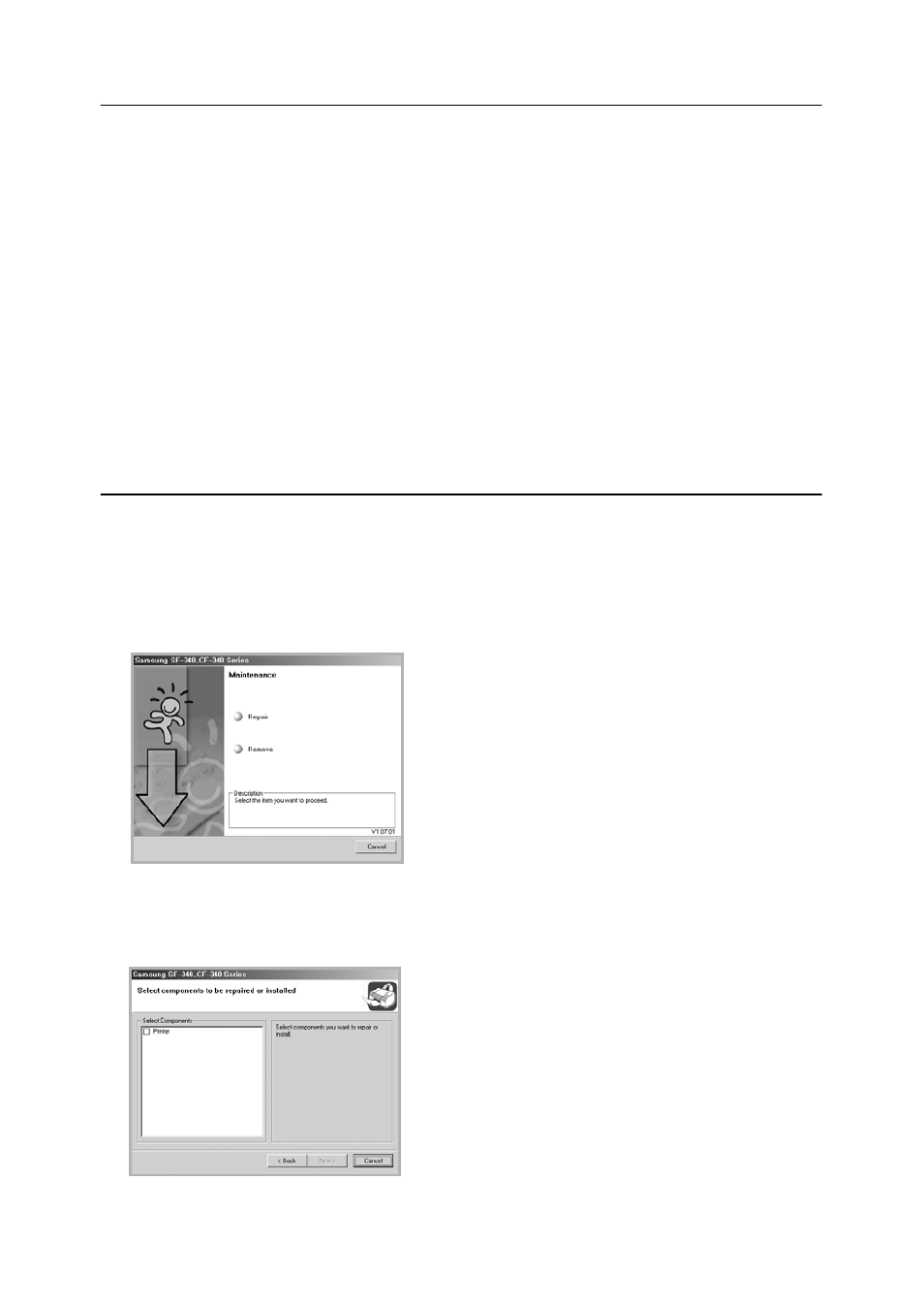 Setting the default printer, Reinstalling software, Setting the default printer reinstalling software | Samsung SF-340 Series User Manual | Page 51 / 81