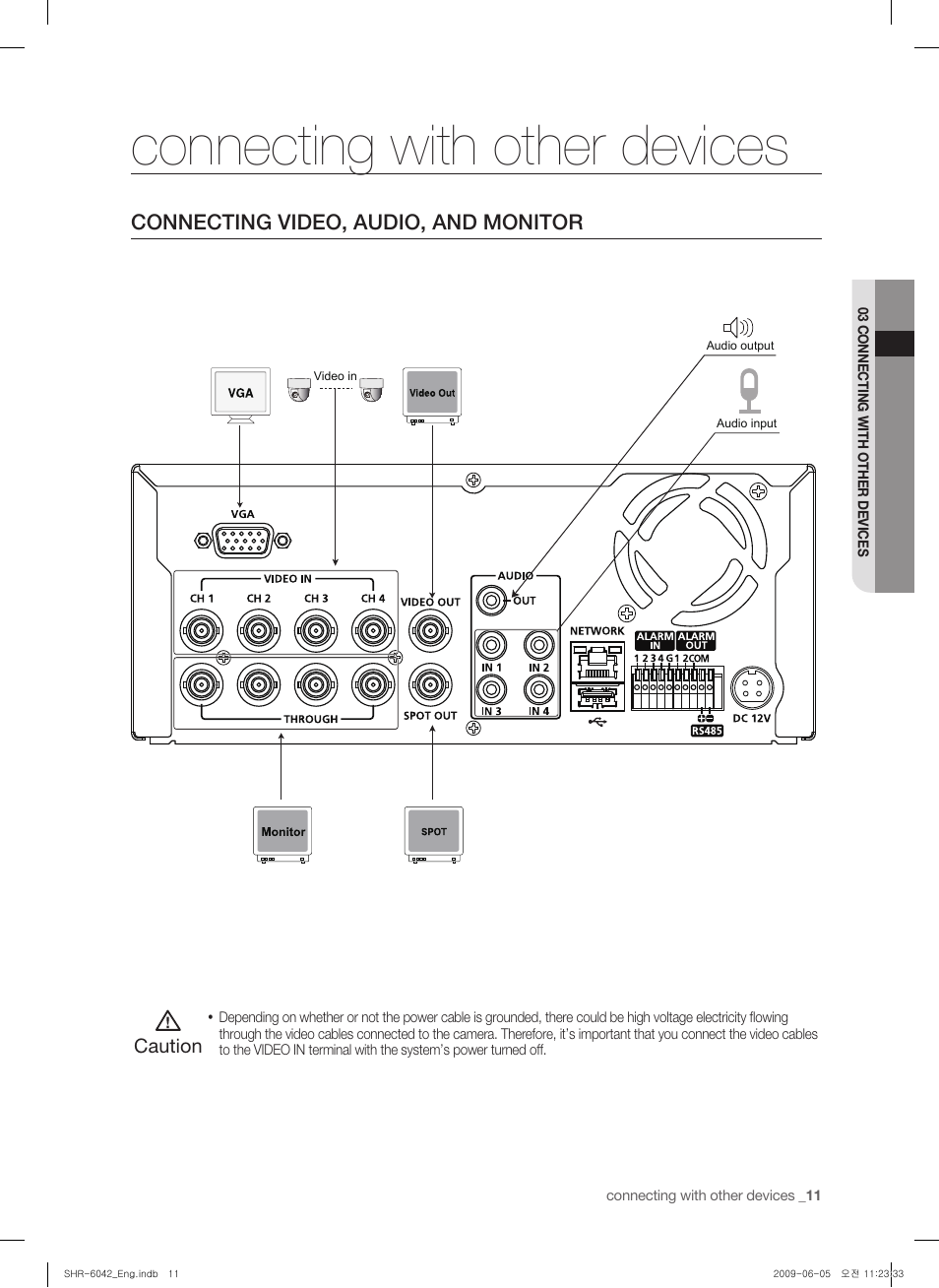 Connecting with other devices, Conecting video, audio, and monitor, Connecting video, audio, and monitor | Caution | Samsung SHR-6040 User Manual | Page 15 / 96