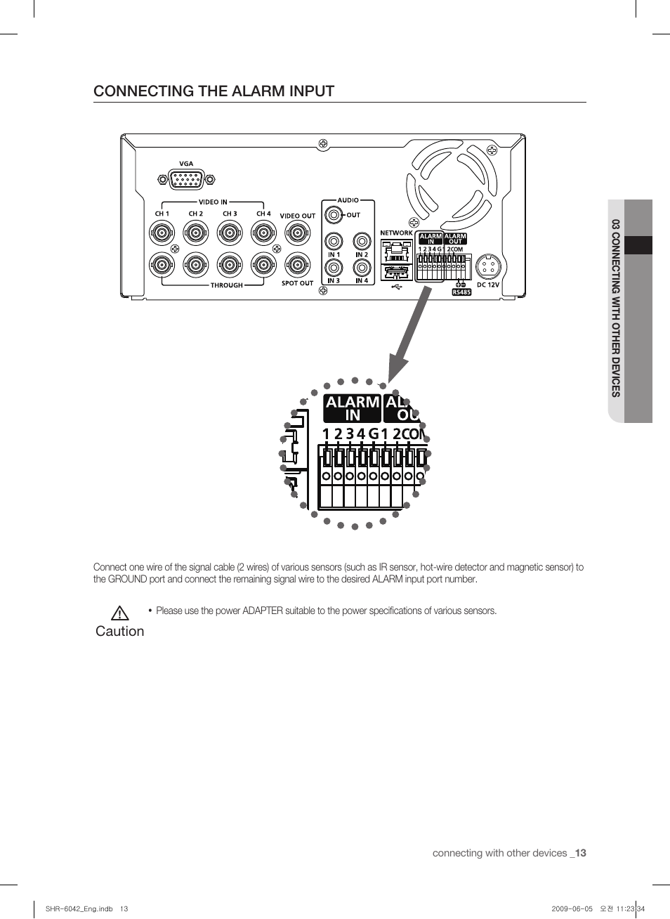 Conecting the alarm input, Connecting the alarm input, Caution | Samsung SHR-6040 User Manual | Page 17 / 96