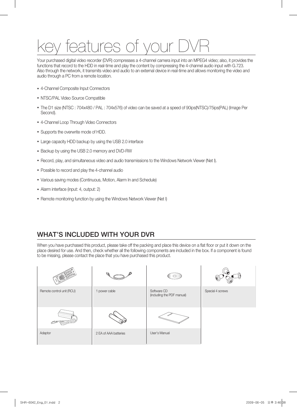 Key features of your dvr, What’s included with your dvr | Samsung SHR-6040 User Manual | Page 2 / 96