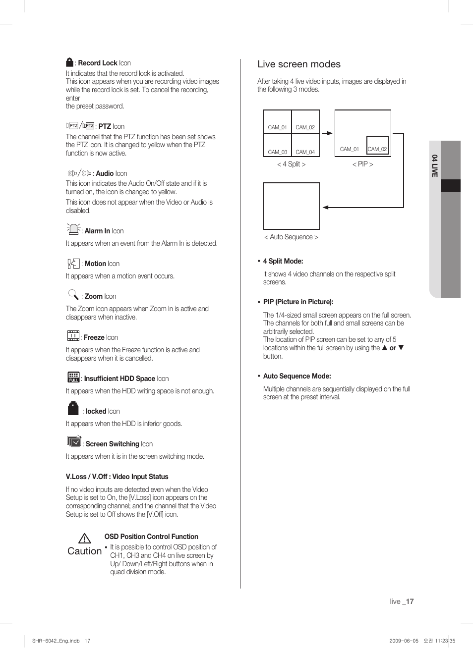 Caution, Live screen modes | Samsung SHR-6040 User Manual | Page 21 / 96