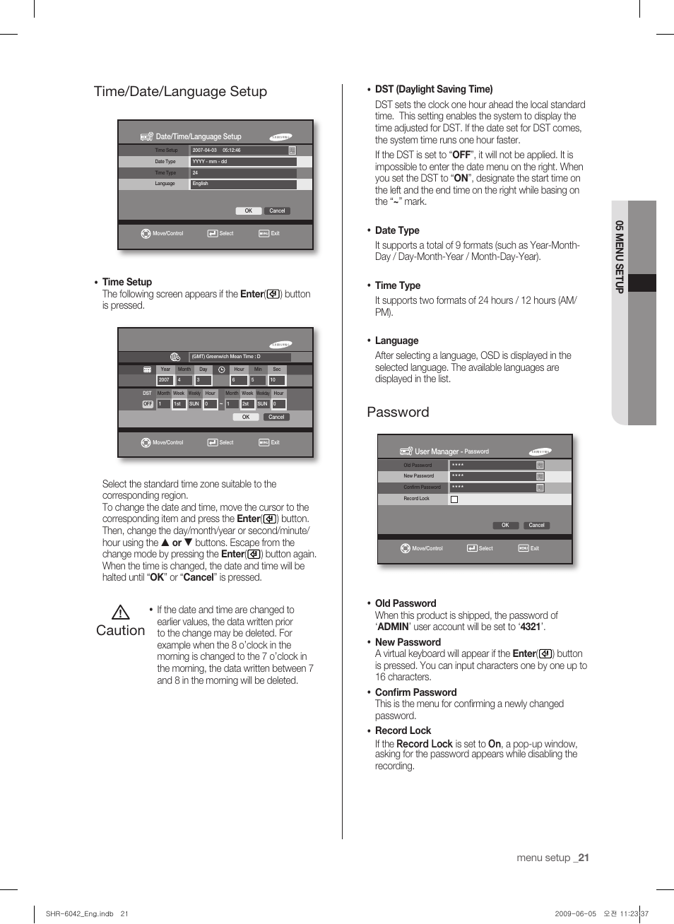 Time/date/language setup, Caution, Password | Samsung SHR-6040 User Manual | Page 25 / 96