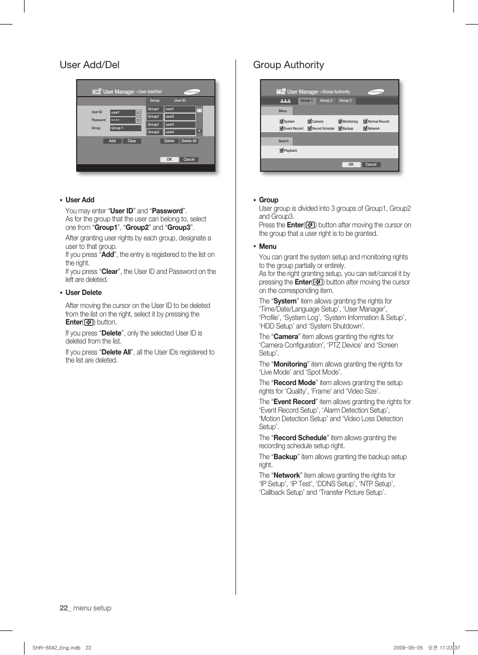 User add/del, Group authority | Samsung SHR-6040 User Manual | Page 26 / 96