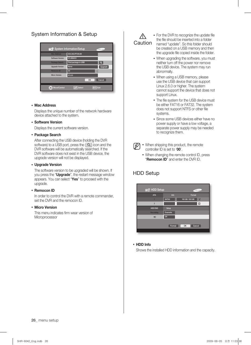 System information & setup, Caution, Hdd setup | Samsung SHR-6040 User Manual | Page 30 / 96
