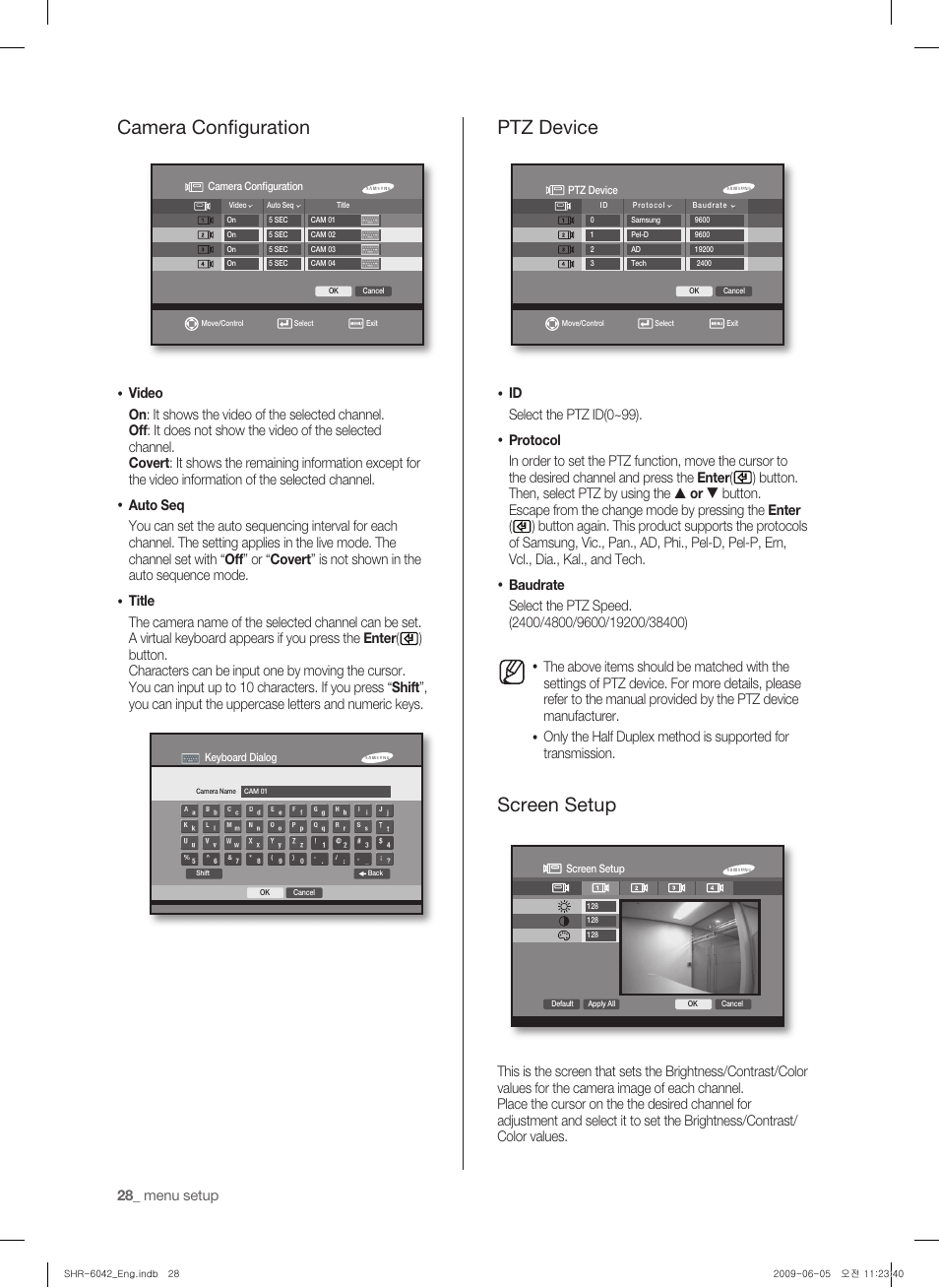 Camera configuration, Ptz device, Screen setup | Samsung SHR-6040 User Manual | Page 32 / 96