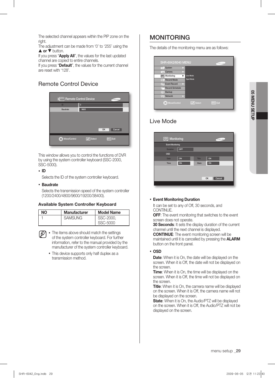 Monitoring, Remote control device, Live mode | Samsung SHR-6040 User Manual | Page 33 / 96