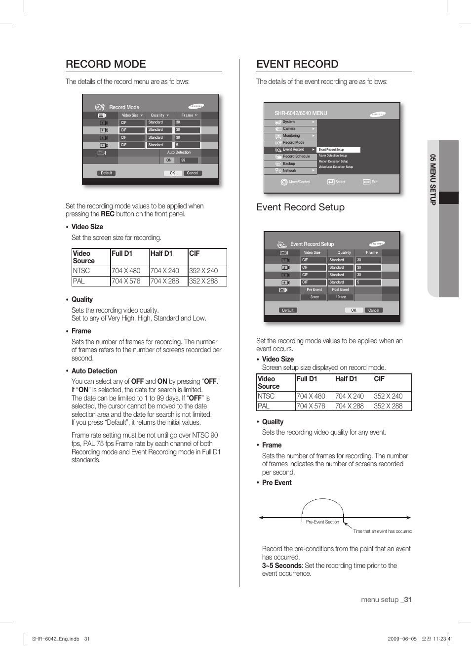 Record mode, Event record, Event record setup | Samsung SHR-6040 User Manual | Page 35 / 96