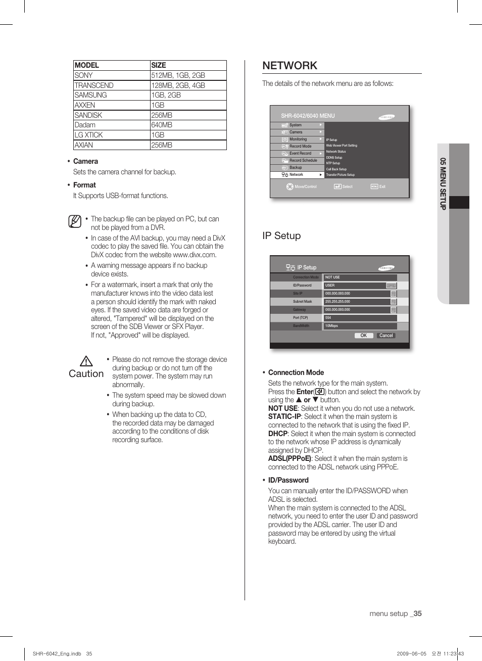 Network, Caution, Ip setup | Samsung SHR-6040 User Manual | Page 39 / 96