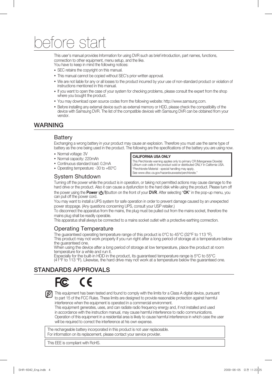 Before start, Warning, Standards approvals | Battery, System shutdown, Operating temperature | Samsung SHR-6040 User Manual | Page 4 / 96
