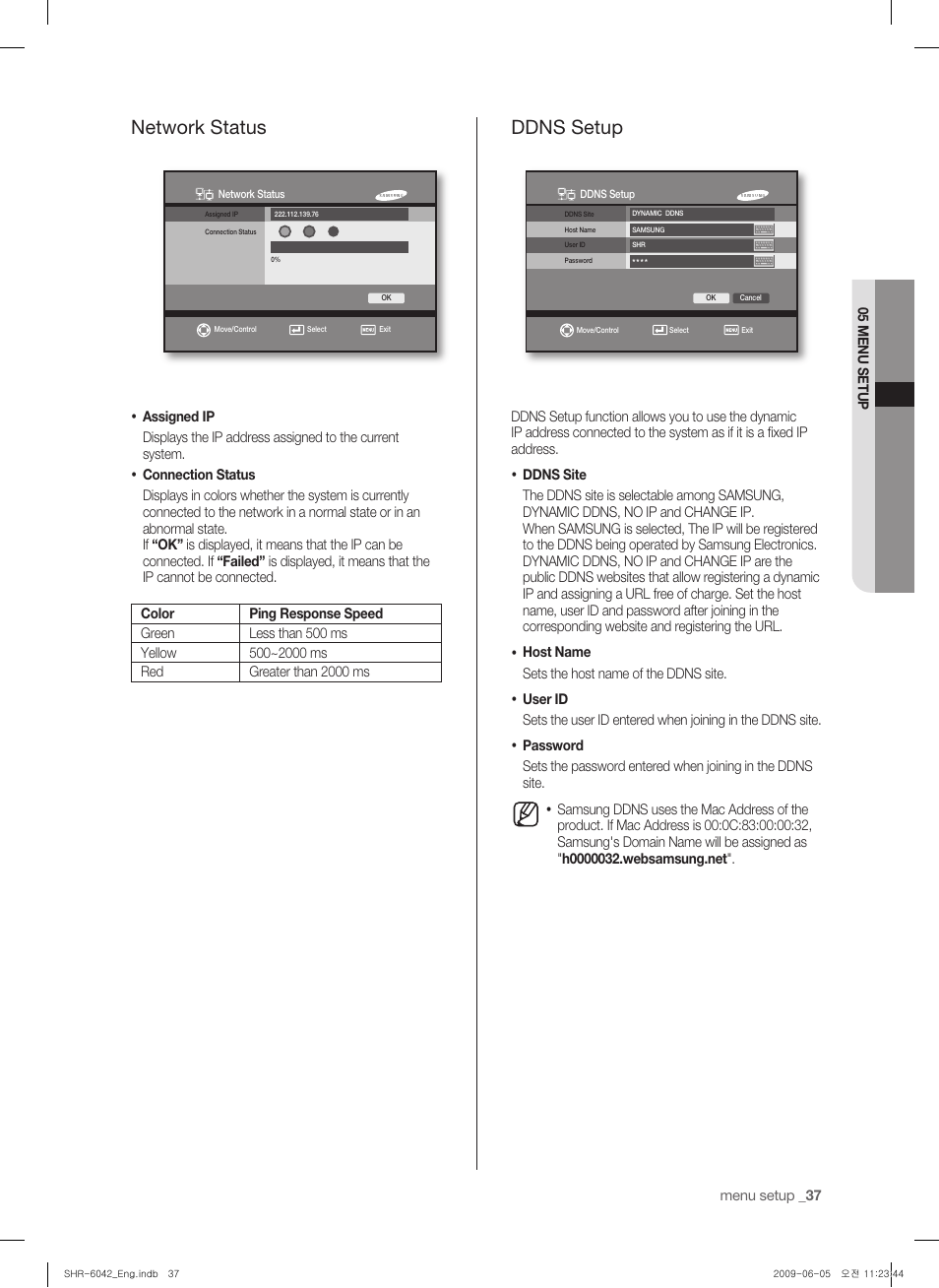 Network status, Ddns setup | Samsung SHR-6040 User Manual | Page 41 / 96