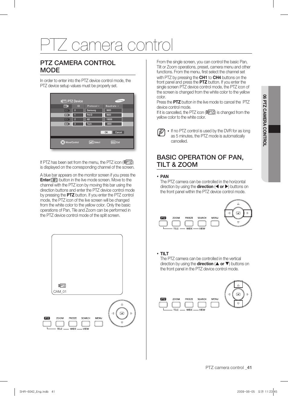 Ptz camera control, Ptz camera control mode, Basic operation of pan,tilt & zoom | Basic operation of pan, tilt & zoom | Samsung SHR-6040 User Manual | Page 45 / 96