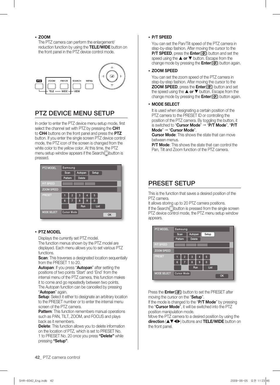 Ptz device menu setup, Preset setup | Samsung SHR-6040 User Manual | Page 46 / 96