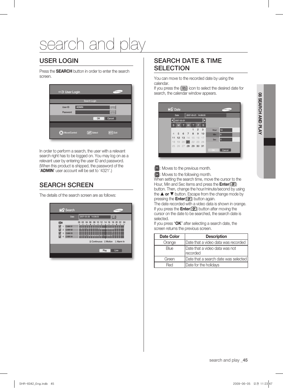 Search and play, User login, Search screen | Search date & time selection | Samsung SHR-6040 User Manual | Page 49 / 96