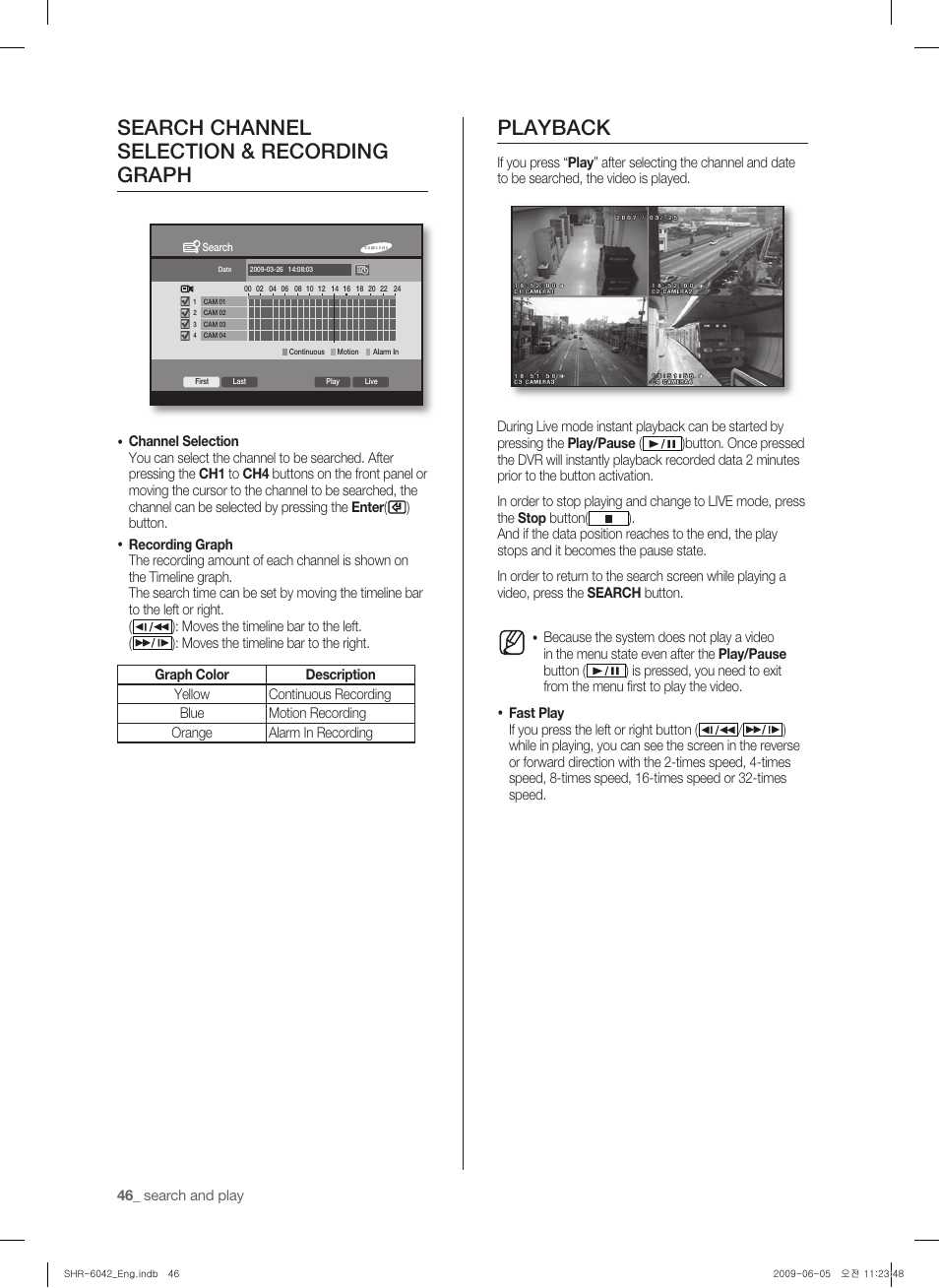 Search chanel selection & recording graph, Playback, Search channel selection & recording graph | Samsung SHR-6040 User Manual | Page 50 / 96