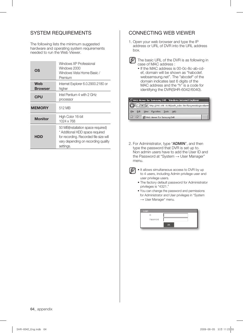 System requirements, Connecting web viewer | Samsung SHR-6040 User Manual | Page 68 / 96