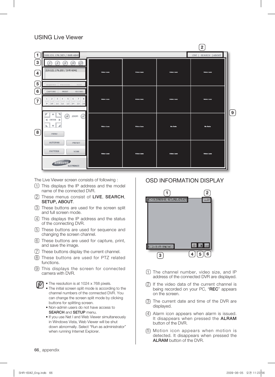 Using live viewer, Osd information display | Samsung SHR-6040 User Manual | Page 70 / 96