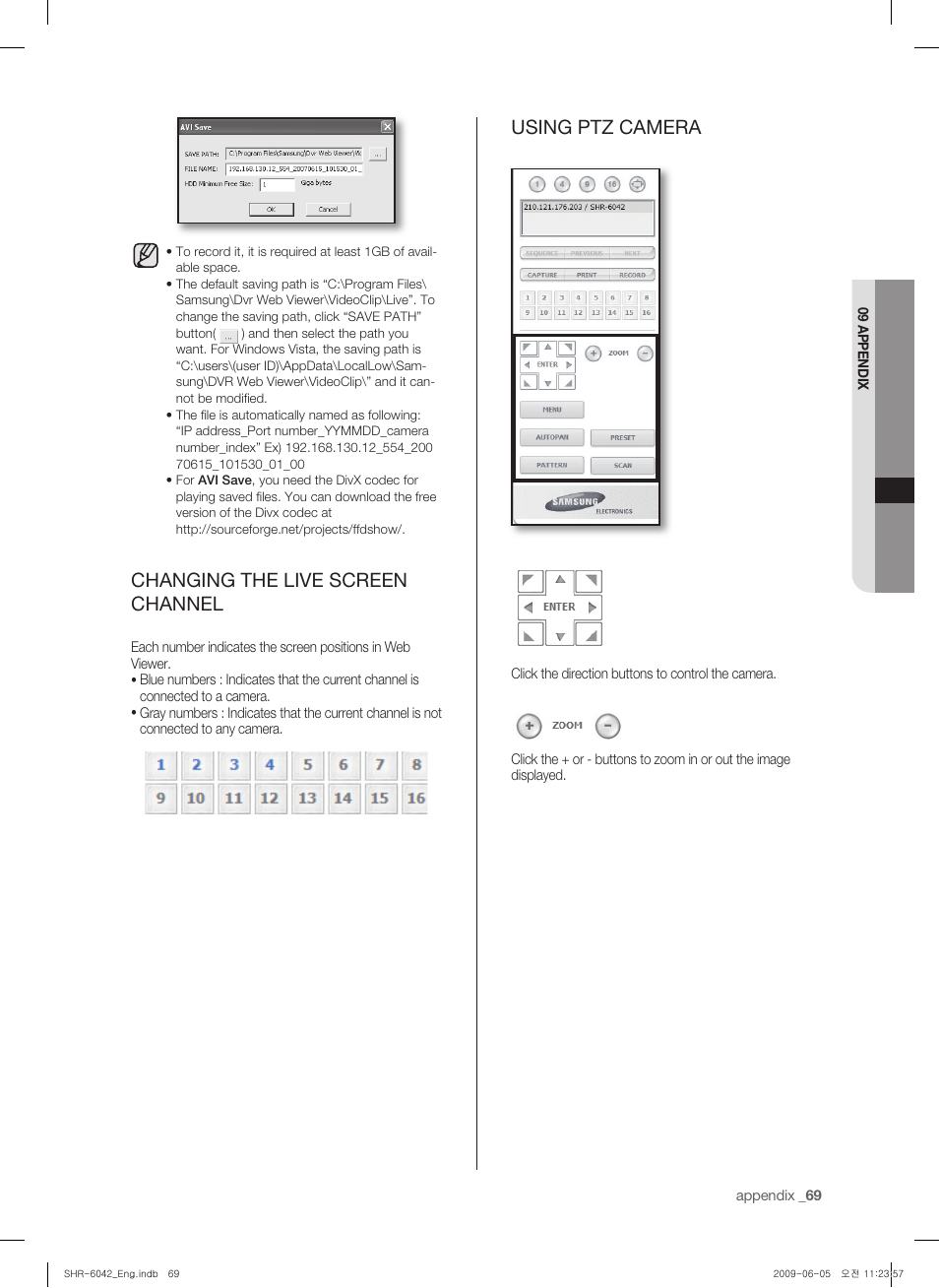 Changing the live screen channel, Using ptz camera | Samsung SHR-6040 User Manual | Page 73 / 96