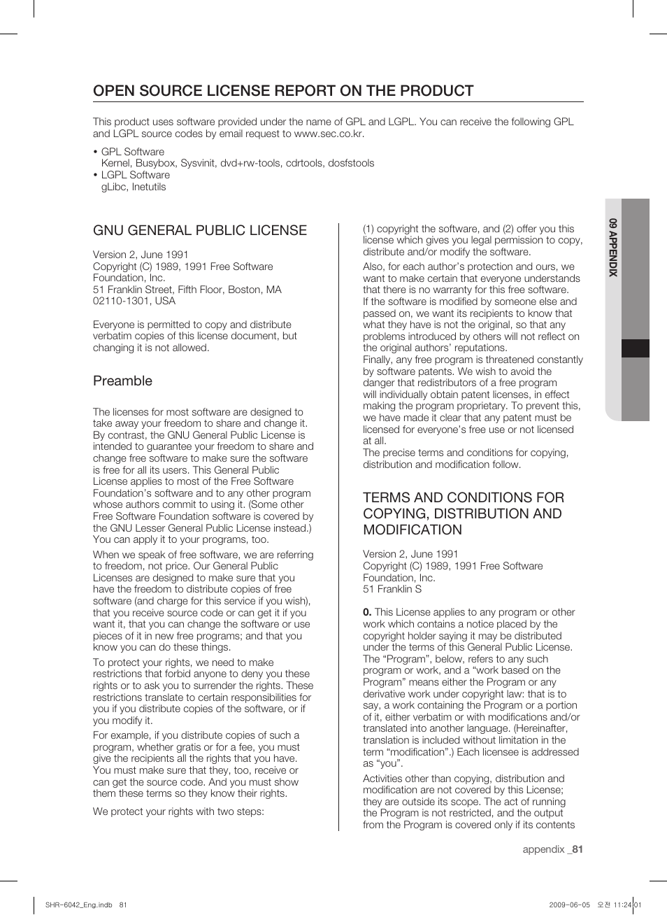 Open source license report on the product, Gnu general public license, Preamble | Samsung SHR-6040 User Manual | Page 85 / 96