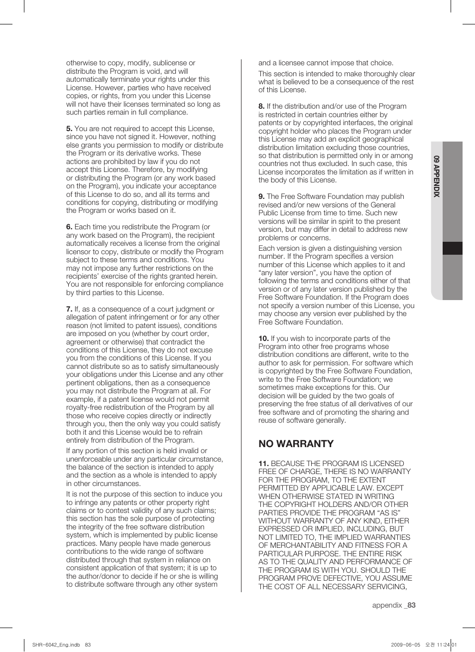 No warranty | Samsung SHR-6040 User Manual | Page 87 / 96