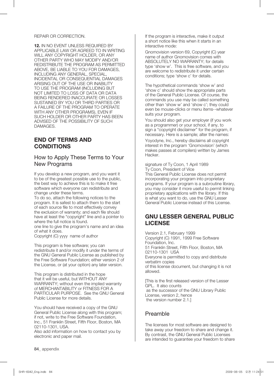 Gnu lesser general public license, Preamble | Samsung SHR-6040 User Manual | Page 88 / 96