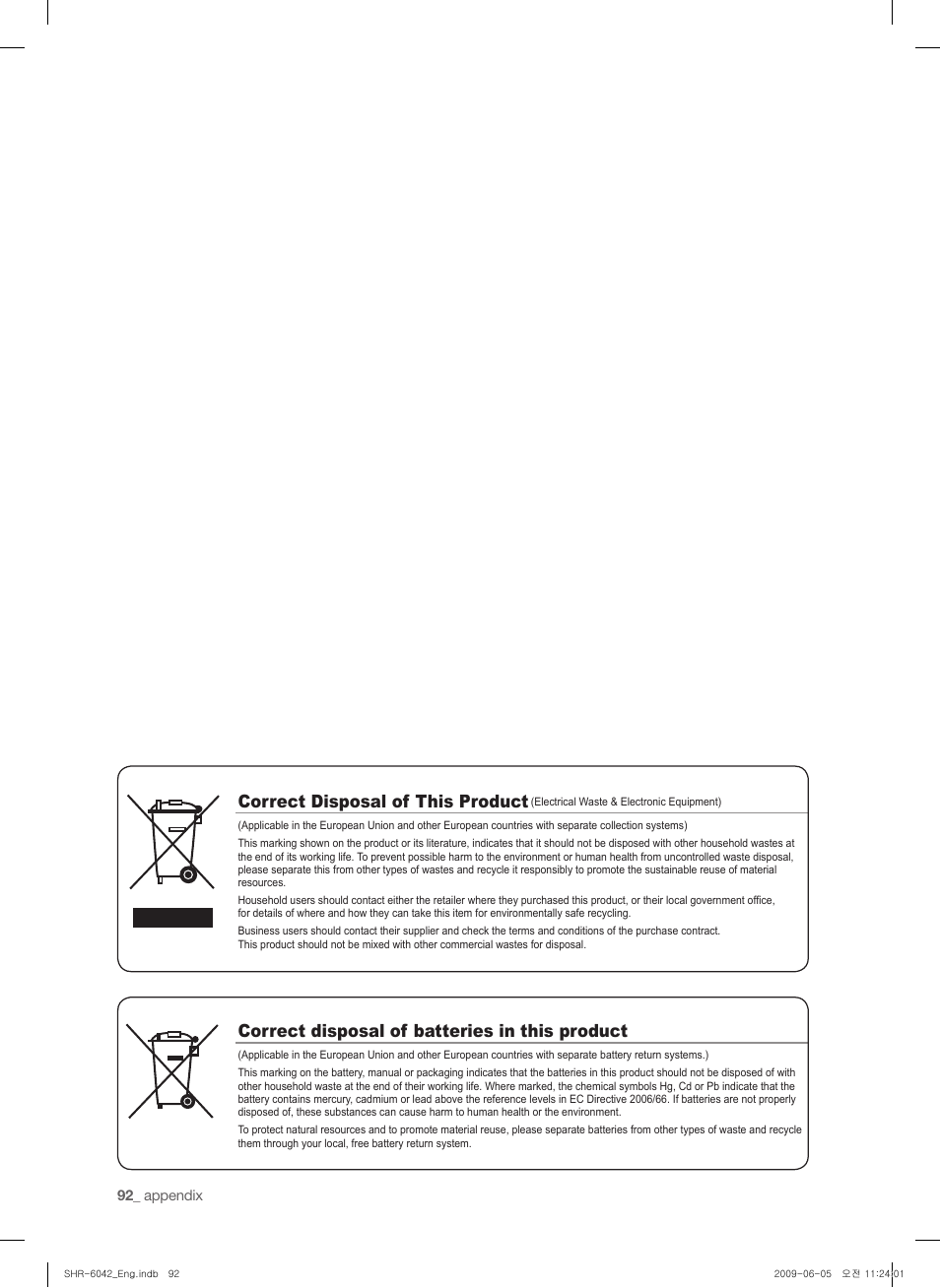 Correct disposal of this product, Correct disposal of batteries in this product | Samsung SHR-6040 User Manual | Page 96 / 96