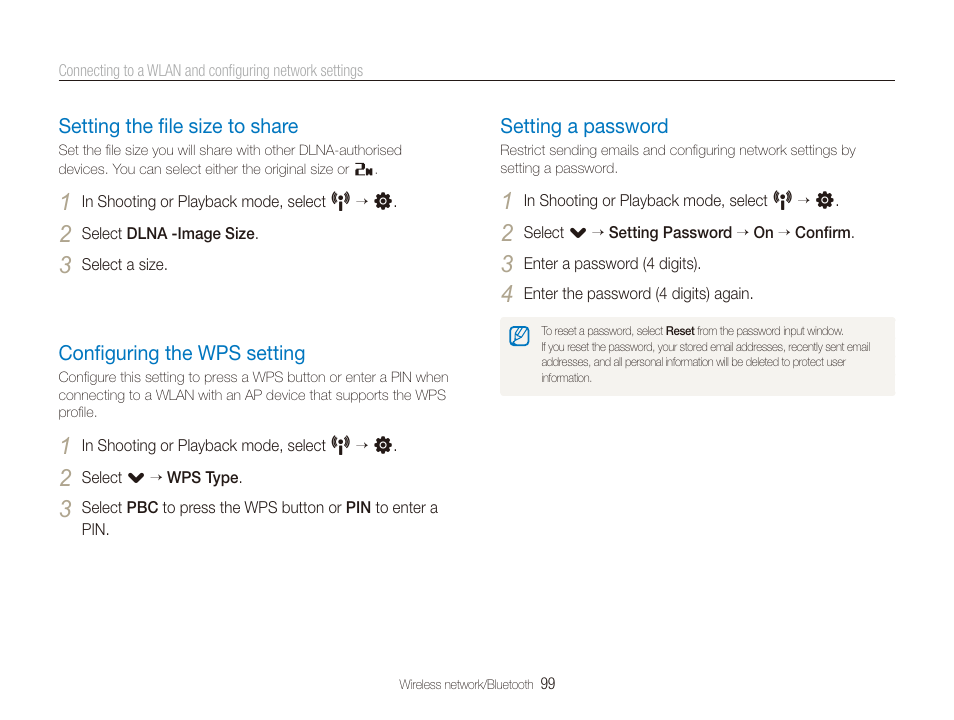 Setting the file size to share, Configuring the wps setting, Setting a password | Setting the file size to share, Configuring the wps setting, Setting the file size to share …………………… 99, Configuring the wps setting ………………… 99, Setting a password …………………………… 99 | Samsung CL80 User Manual | Page 100 / 135