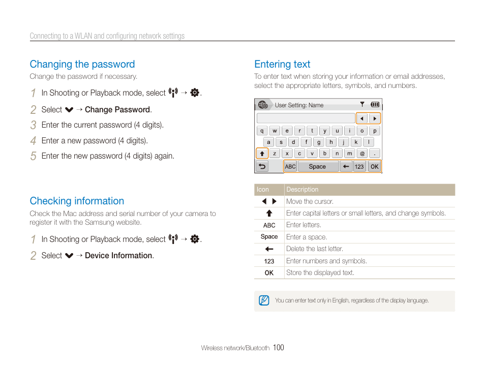 Changing the password, Checking information, Entering text | Changing the password …………………… 100, Checking information ……………………… 100, Entering text ………………………………… 100 | Samsung CL80 User Manual | Page 101 / 135