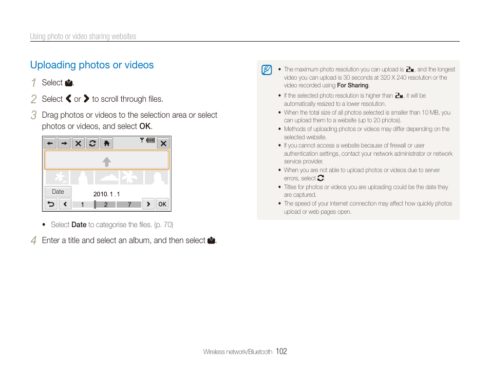 Uploading photos or videos, Uploading photos or videos ………………… 102 | Samsung CL80 User Manual | Page 103 / 135