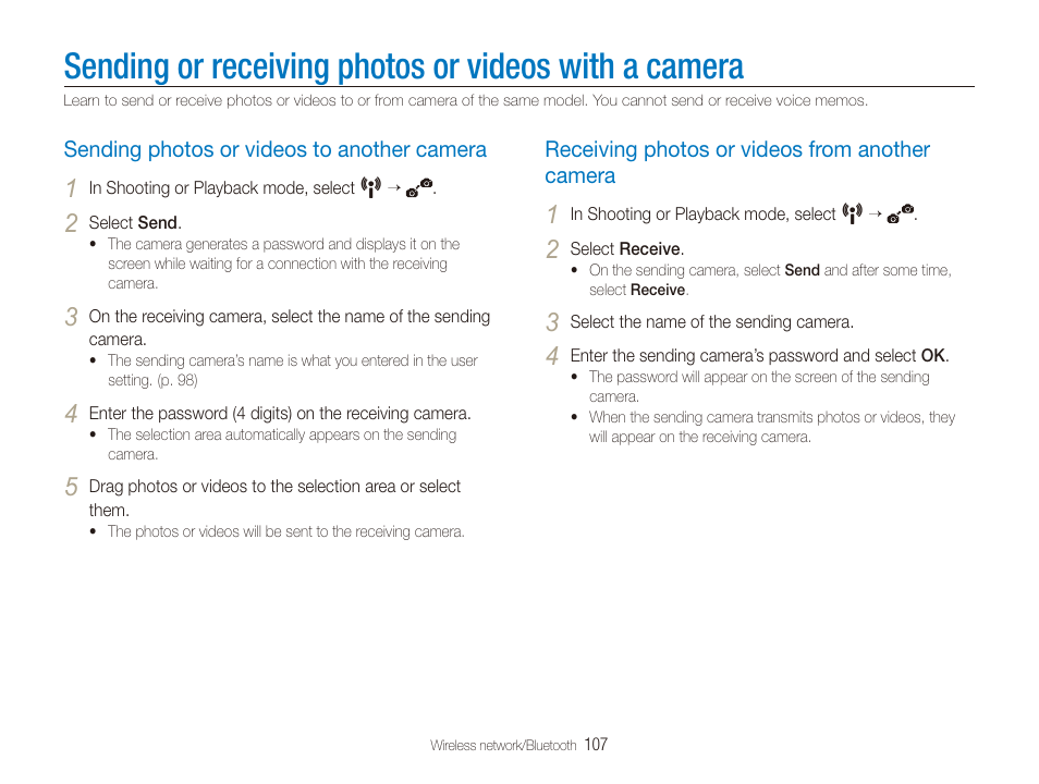 Sending photos or videos to another camera, Receiving photos or videos from another camera, Sending or receiving photos or videos | With a camera, Sending photos or videos to another camera 107, Receiving photos or videos from another, Camera ……………………………………… 107 | Samsung CL80 User Manual | Page 108 / 135