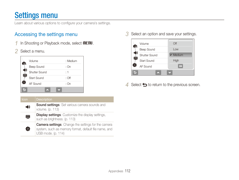 Settings menu, Accessing the settings menu, Accessing the settings menu …………………………… 112 | Samsung CL80 User Manual | Page 113 / 135