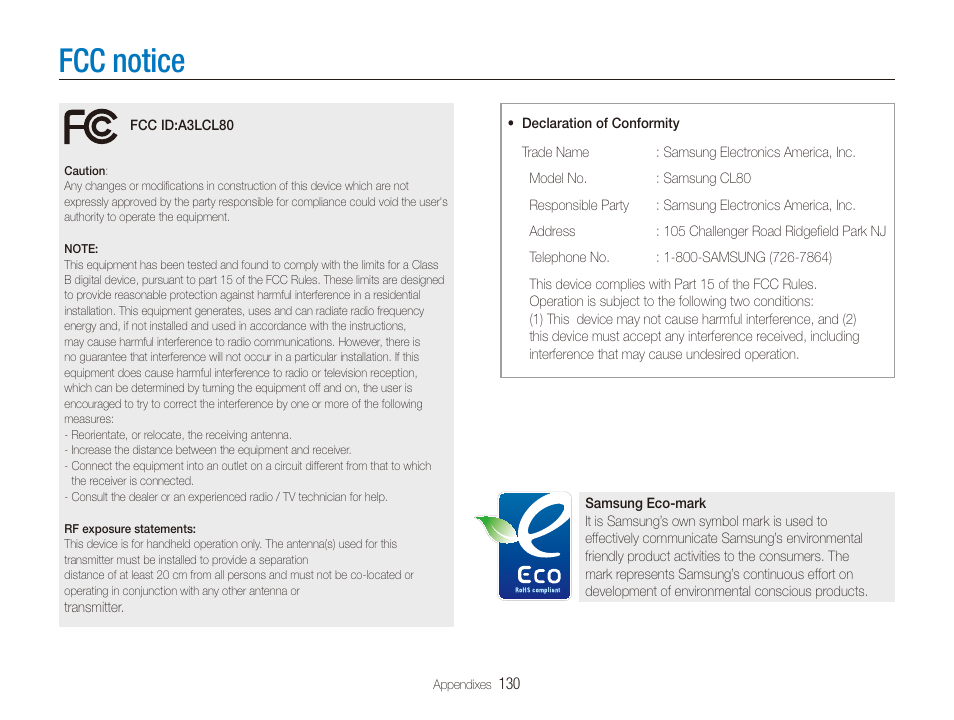 Fcc notice | Samsung CL80 User Manual | Page 131 / 135