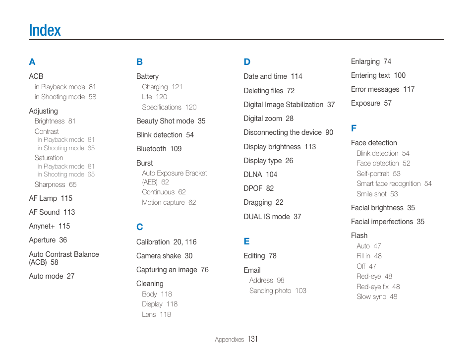 Index | Samsung CL80 User Manual | Page 132 / 135