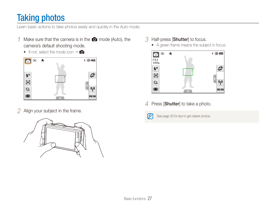 Taking photos | Samsung CL80 User Manual | Page 28 / 135