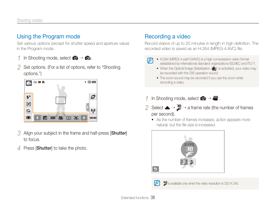 Using the program mode, Recording a video | Samsung CL80 User Manual | Page 39 / 135