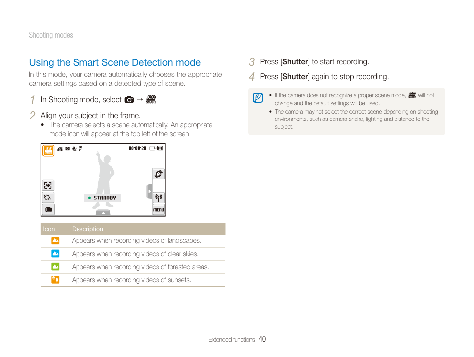 Using the smart scene detection mode | Samsung CL80 User Manual | Page 41 / 135