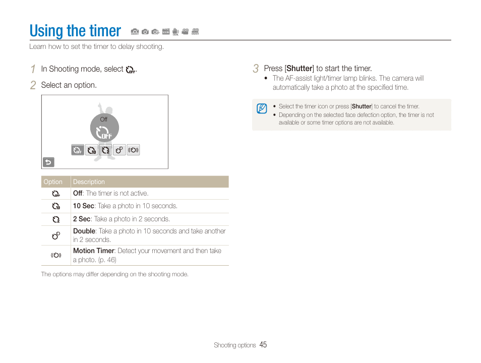 Using the timer | Samsung CL80 User Manual | Page 46 / 135