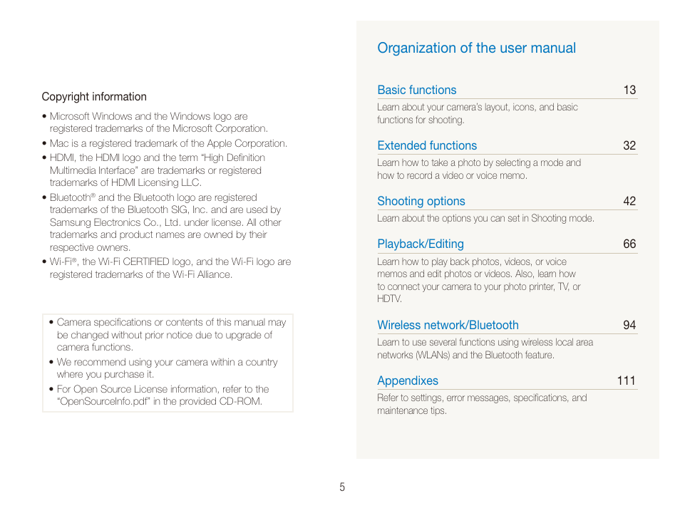 Organization of the user manual | Samsung CL80 User Manual | Page 6 / 135