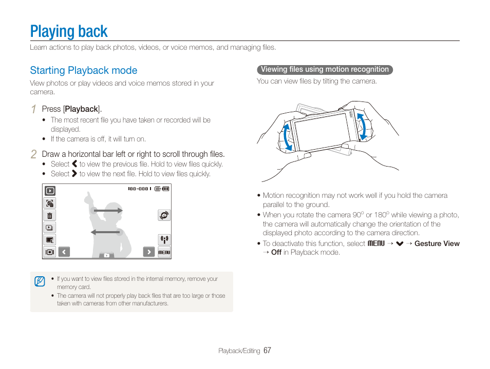 Playing back, Starting playback mode, Starting playback mode ……………………… 67 | Samsung CL80 User Manual | Page 68 / 135