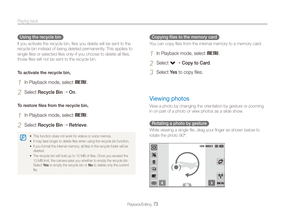 Viewing photos, Viewing photos ……………………………… 73 | Samsung CL80 User Manual | Page 74 / 135