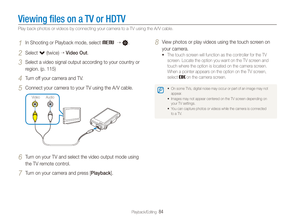 Viewing files on a tv or hdtv, Viewing ﬁles on a tv or hdtv | Samsung CL80 User Manual | Page 85 / 135