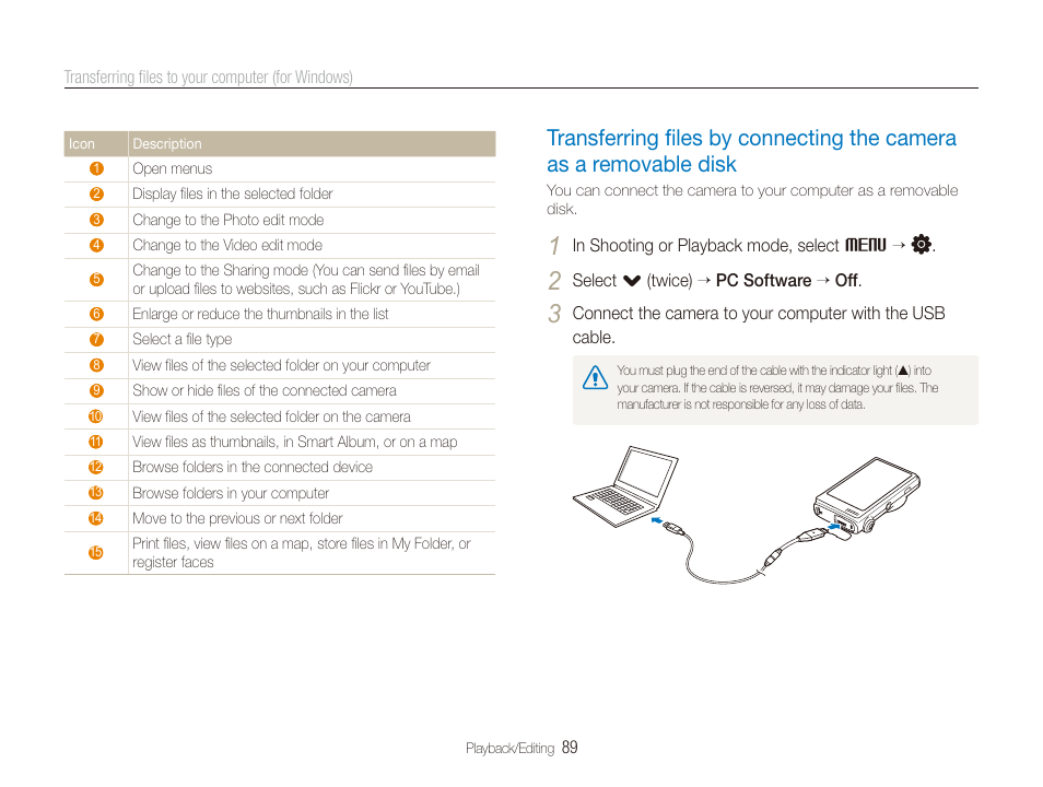 Disk, Transferring ﬁles by connecting the camera, As a removable disk ………………………… 89 | Samsung CL80 User Manual | Page 90 / 135