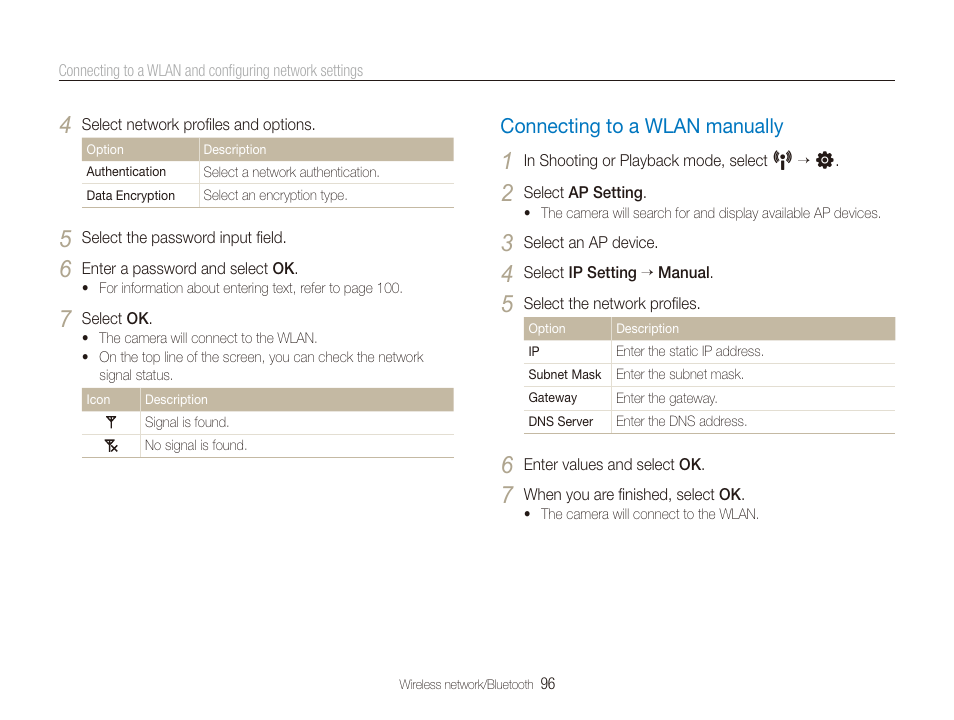 Connecting to a wlan manually, Connecting to a wlan manually …………… 96 | Samsung CL80 User Manual | Page 97 / 135