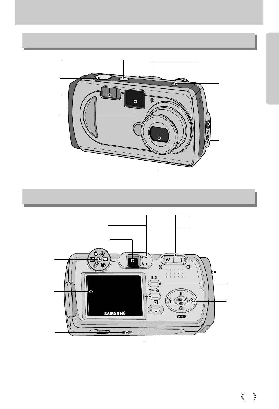 Identification of features, Front & top back & bottom | Samsung Digimax 250 User Manual | Page 11 / 100