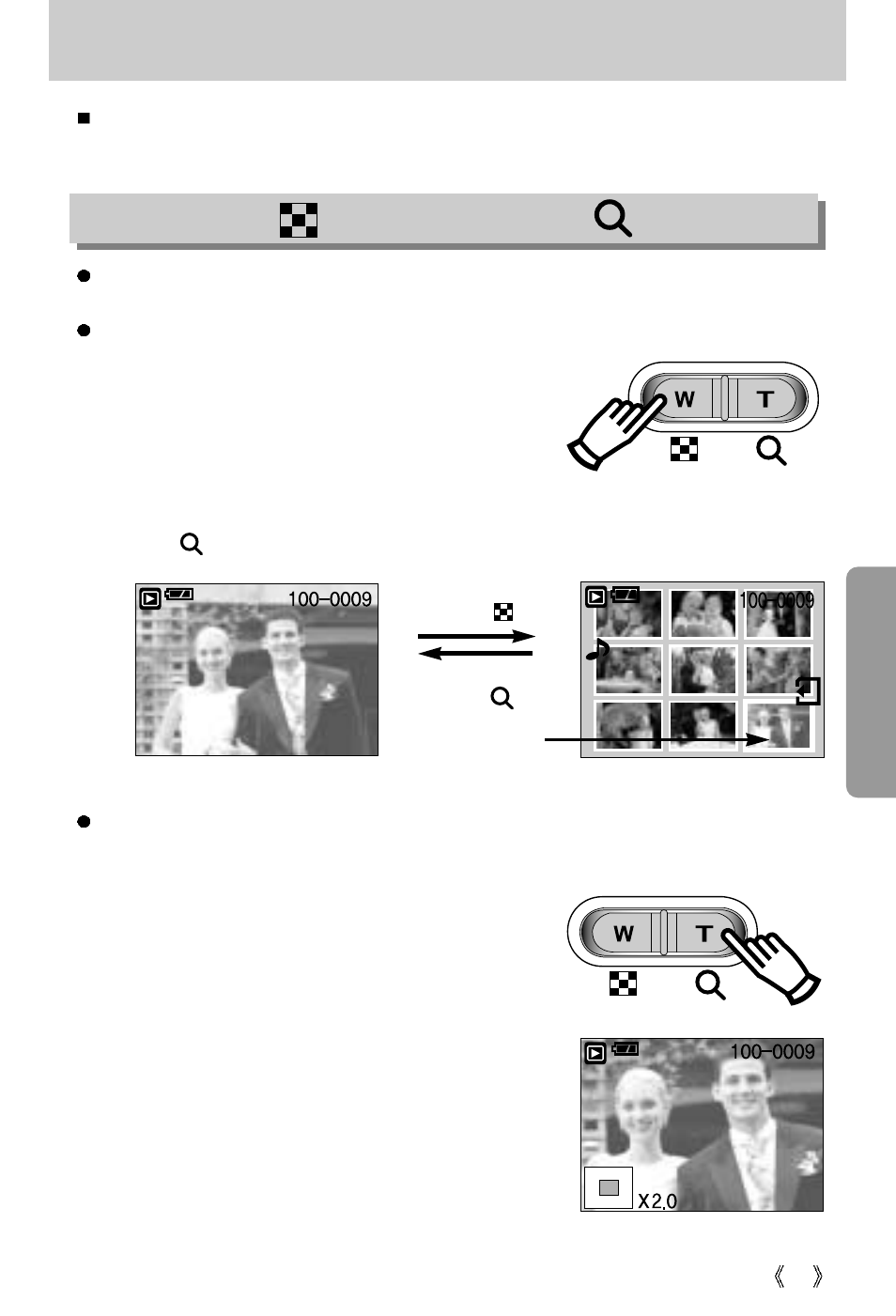 Using the camera buttons to adjust the camera, Thumbnail ( ) / enlargement ( ) button | Samsung Digimax 250 User Manual | Page 47 / 100