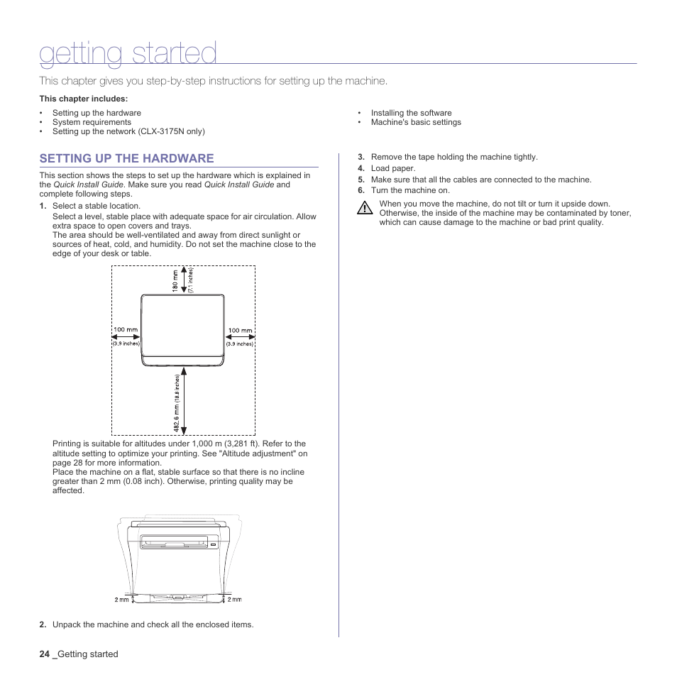 Getting started, Setting up the hardware, 24 setting up the hardware | Samsung CLX-3170FN User Manual | Page 120 / 219