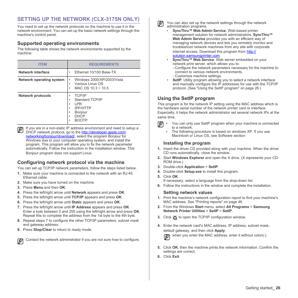 Setting up the network (clx-3175n only), Supported operating environments, Configuring network protocol via the machine | Using the setip program, 26 setting up the network | Samsung CLX-3170FN User Manual | Page 122 / 219