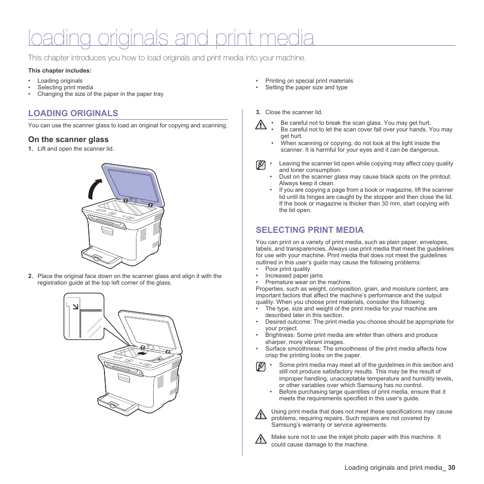 Loading originals and print media, Loading originals, On the scanner glass | Selecting print media, 30 loading originals, 30 selecting print media | Samsung CLX-3170FN User Manual | Page 126 / 219