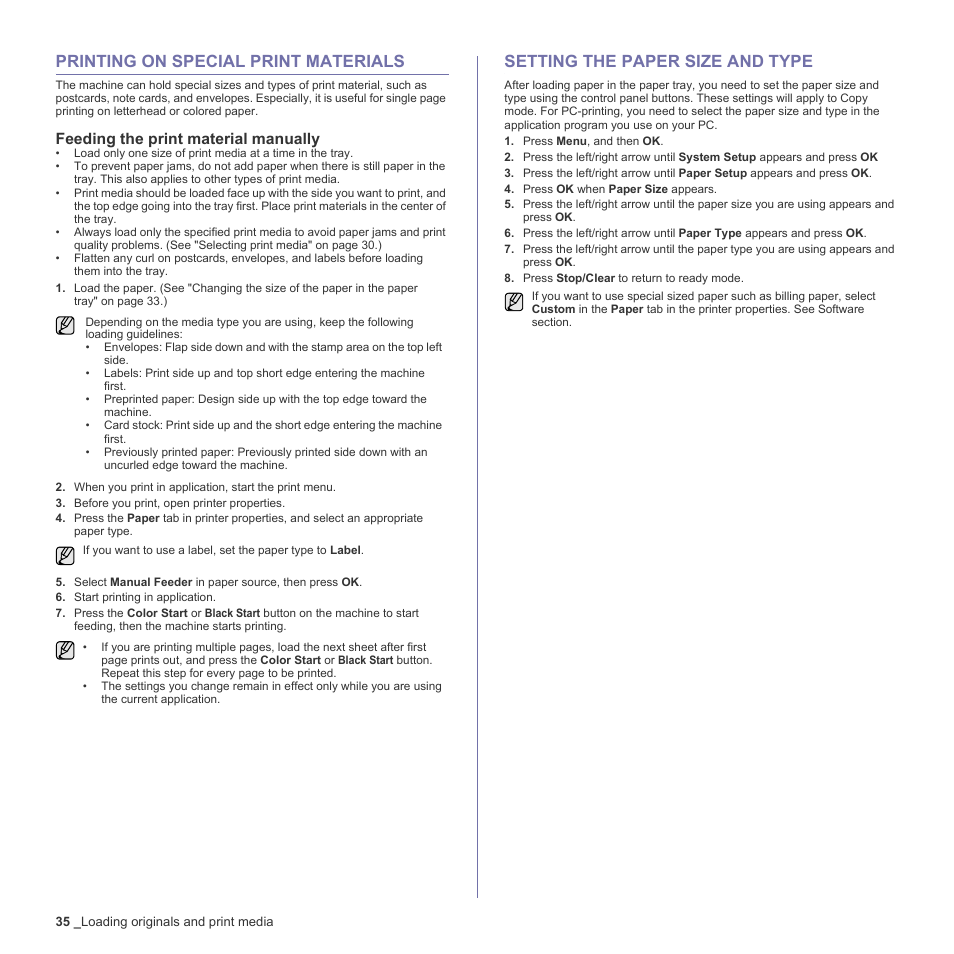 Printing on special print materials, Feeding the print material manually, Setting the paper size and type | 35 printing on special print materials, 35 setting the paper size and type | Samsung CLX-3170FN User Manual | Page 131 / 219