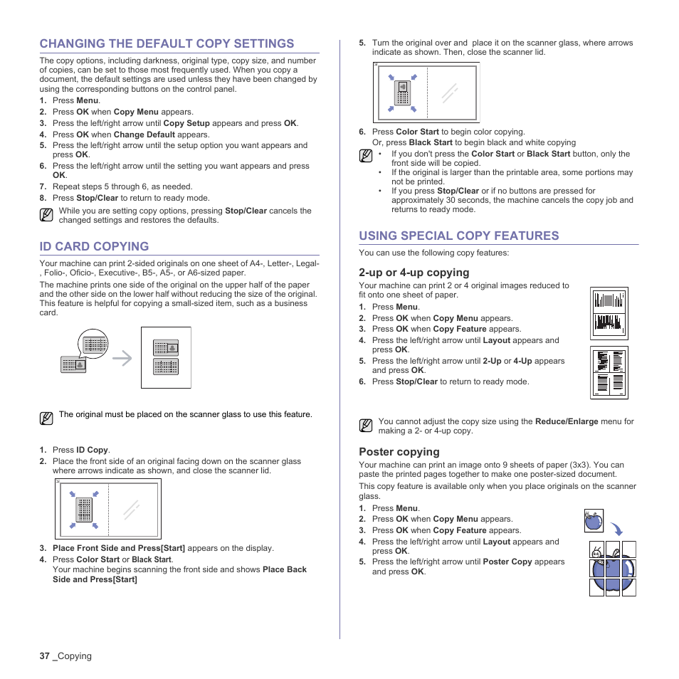 Changing the default copy settings, Id card copying, Using special copy features | Up or 4-up copying, Poster copying | Samsung CLX-3170FN User Manual | Page 133 / 219