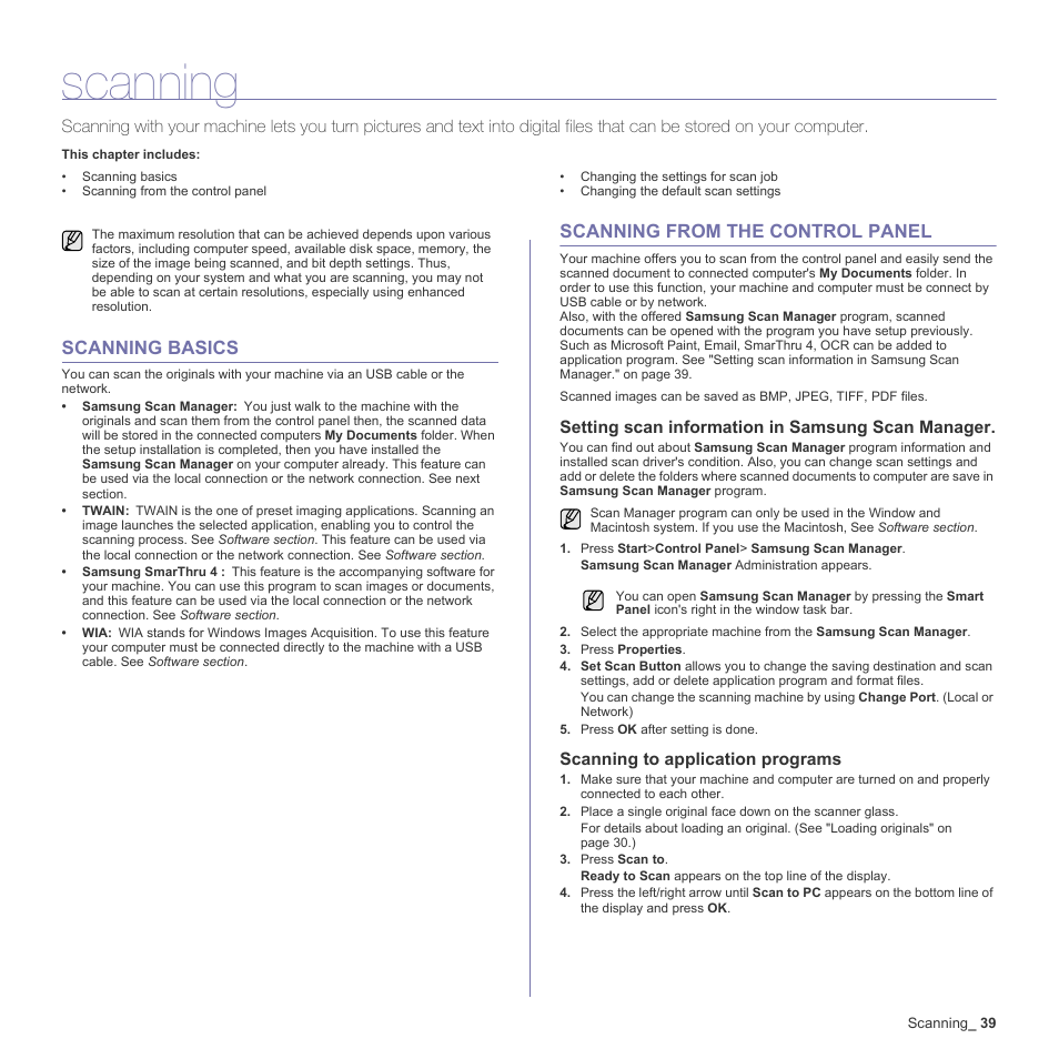 Scanning, Scanning basics, Scanning from the control panel | Setting scan information in samsung scan manager, Scanning to application programs | Samsung CLX-3170FN User Manual | Page 135 / 219